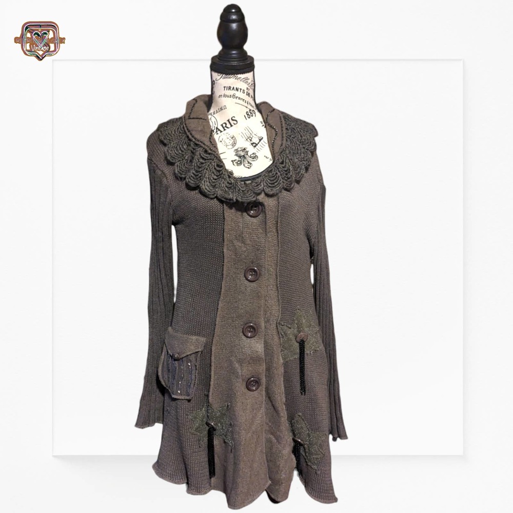 Fantazia Lagerlook Wool Patchwork Knit Oversized Cardigan Sweater, Medium - Picture 7 of 11